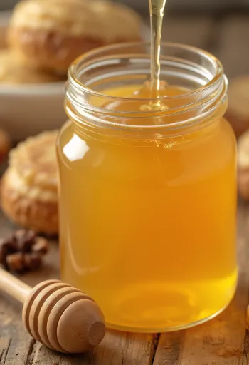 Сироп от агаве в малка бутилка, до нея дървена лъжица, чист фон