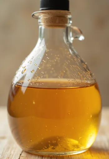 Ябълков оцет в стъклена купа, заобиколен от пресни ябълки, ябълкови резени, обелки и оцетна гъба в бутилка