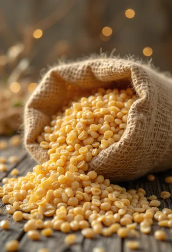 Почистени ечемичени зърна в малка торба и разпръснати върху дървена повърхност