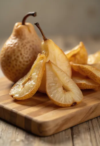 Сушени резени круша в купа, с пресни круши, орехи и канела