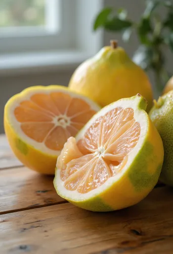 Цели и нарязани плодове помело върху рустикална дървена повърхност