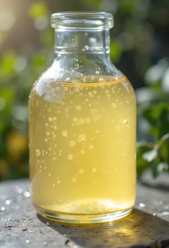 Оцет в стъклена купа, около нея ябълка, грозде, ориз, малц и оцетна гъба върху рустикална дървена маса