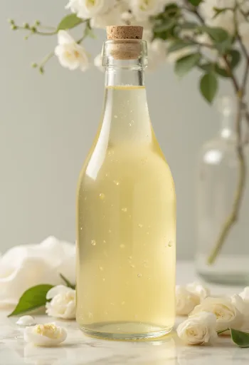 Бял винен оцет в стъклена кана, заобиколен от бяло грозде и мъст