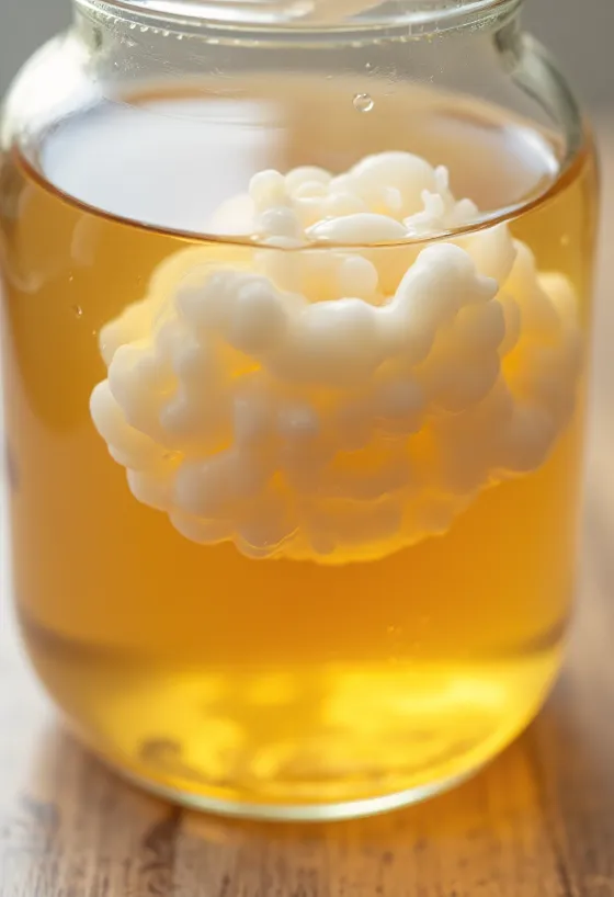 Съставки за комбуча: SCOBY, черен чай, захар и буркан за ферментация на дървена повърхност