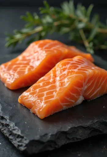 Пресни филета сьомга с лимон, копър и пипер върху дървена дъска за рязане