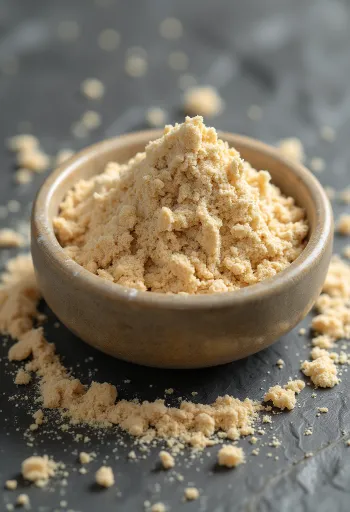 Баобаб на прах в малко бурканче, в земен кафяв цвят, заобиколен от пресни плодове баобаб