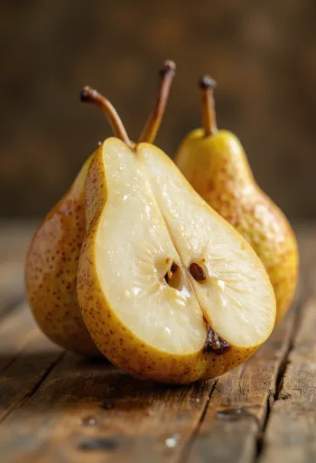 Резени круша Бос и цели плодове на дъска за рязане