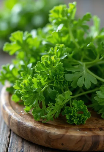 Свеж къдрав магданоз върху дъска за рязане