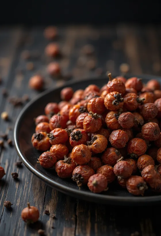 Зърна сечуански пипер върху дървен плот