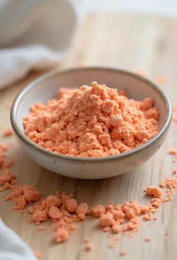 Ацерола на прах в малко бурканче, с наситен червен цвят, заобиколена от цели плодове ацерола