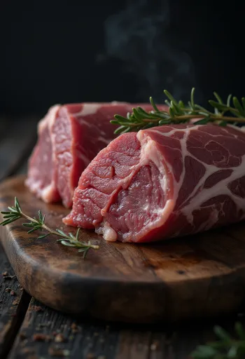 Пресни парчета сърнешко месо с хвойна, розмарин и чесън върху дървена повърхност