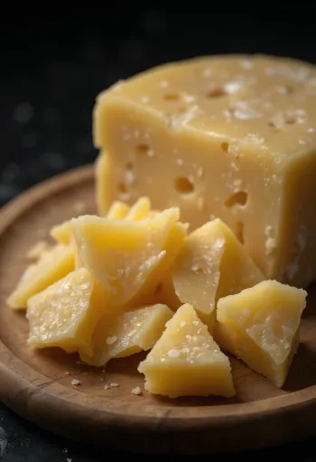 Нарязан и настърган пармезан върху дървена дъска