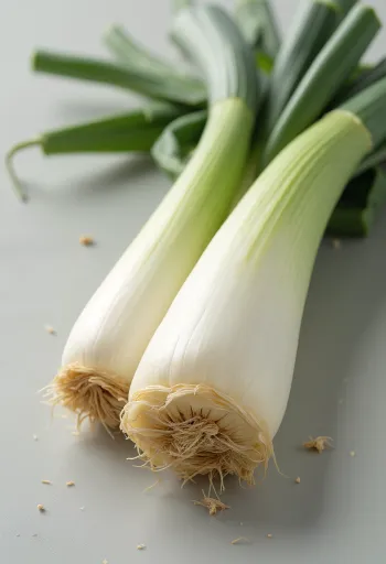 Пресни стръкове праз, нарязани и цели на дървена маса