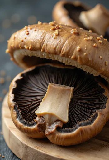 Пресни гъби Портобело на дъска, приготвени за грил със зехтин и розмарин