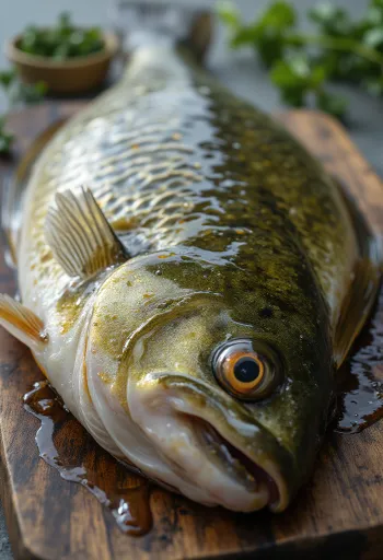 Пресни филета костур с подправки и лимон върху дървена дъска