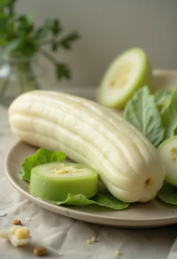 Прясна тиквичка на дъска за рязане, разрязана наполовина, със светла вътрешност