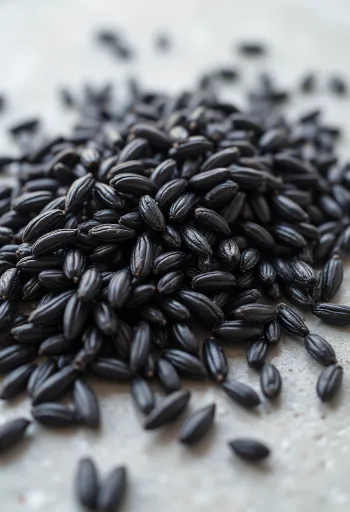 Суров див ориз с продълговати, тъмни зърна в керамична купа