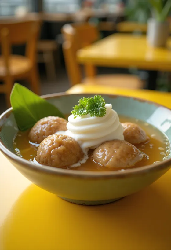 Bubur Candil, сервиран с оризови топчета и кокосово мляко