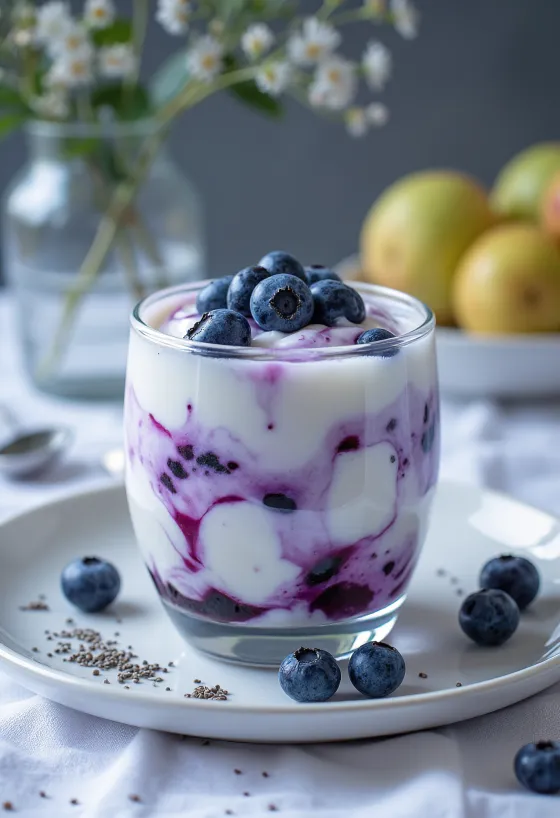 Боровинково пробиотично кисело мляко, сервирана в чаши, украсено с пресни боровинки