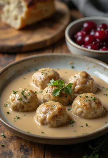 Кюфтенца в сметанов сос, сервирани в чиния