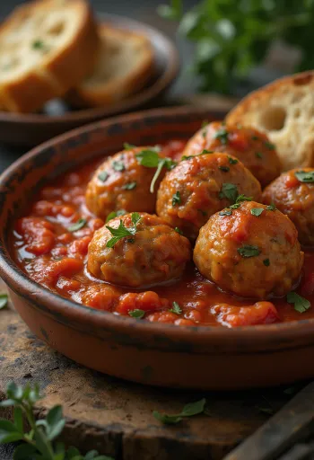 Кюфтенца с доматен сос и босилек, сервирани в чиния