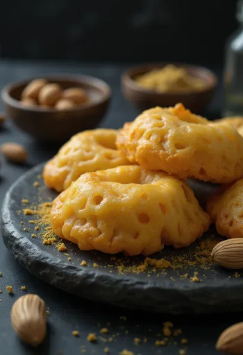 Pakon pitha с кардамон – златистокафяви пържени топчета от бенгалско оризово брашно с кокосов пълнеж
