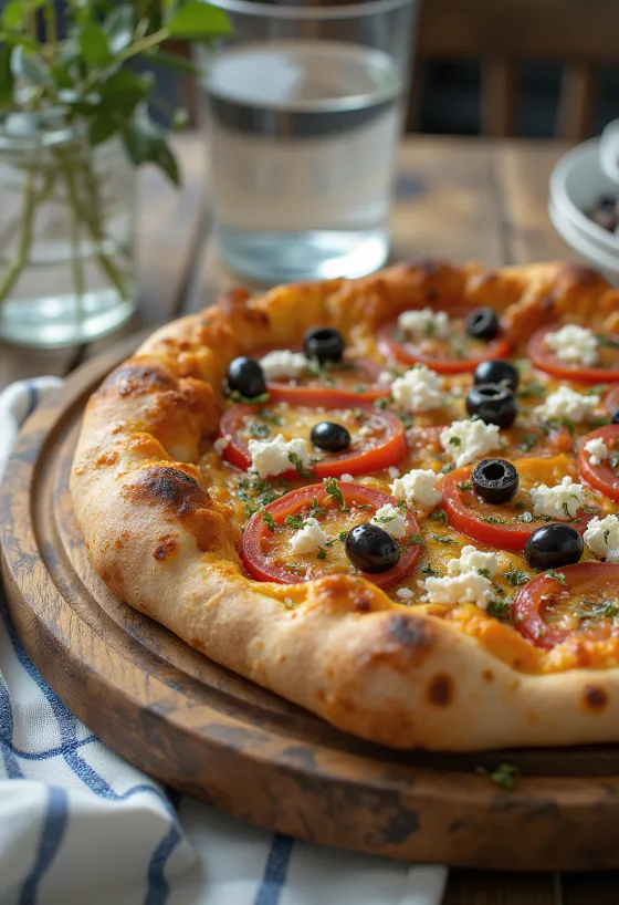 Pizza Greca със сирене фета, черни маслини и пресни домати