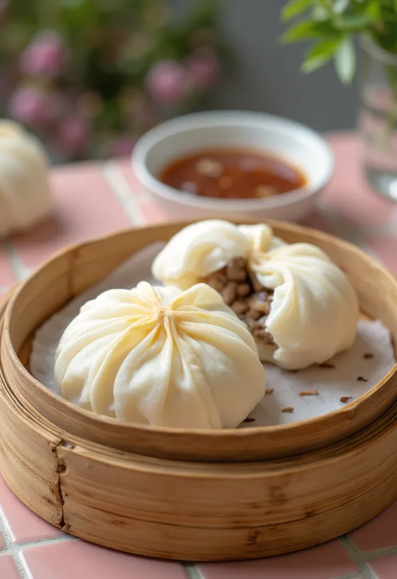 Bánh bao със свинско, сервирано с пресен кориандър
