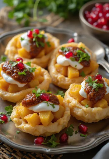 Dahi Puri със семена от нар и украсено с кисело мляко