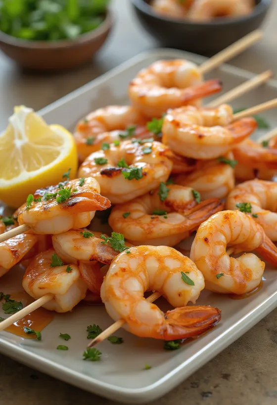 Скариди сатай, скариди на скара на шишчета, придружени от пресни зеленчуци