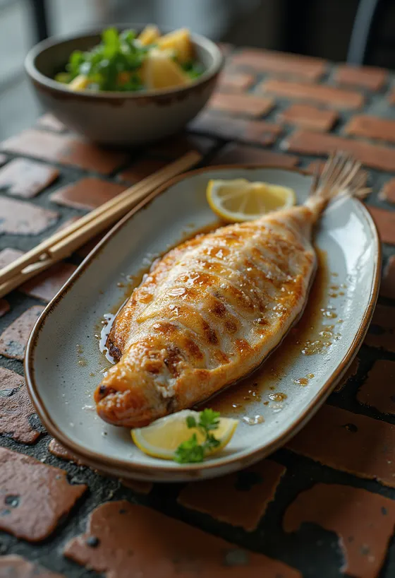 Шиояки с плоска риба в бяла чиния, сервирано с лимон и кориандър