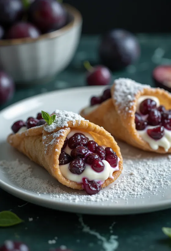 Каноли със сливи и ром десерт сервиран в чиния