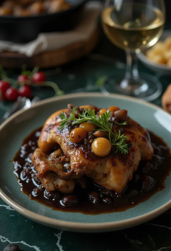 Coq au Vin, сервирано с пресен магданоз и хляб