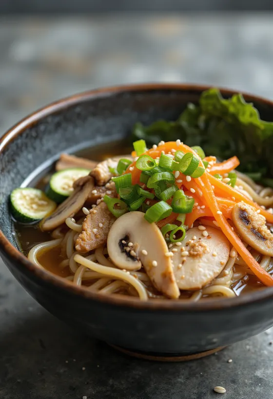 Гомоку удон сервиран в купа, удон юфка с пилешко месо и зеленчуци, в бульон от соев сос