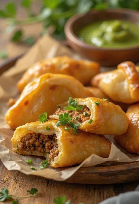 Kachori с пикантно месо, сервирано с пресен кориандър