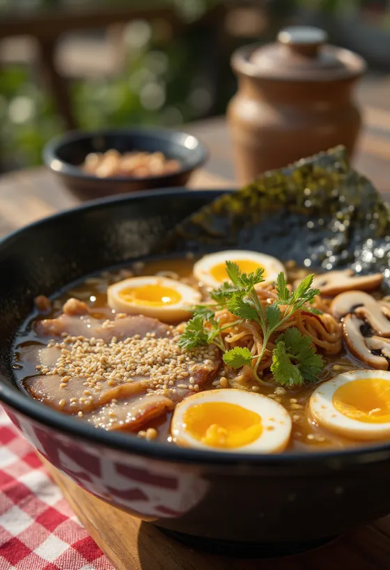 Kagoshima ramen със свински и пилешки бульон, сервиран с месо чашу и яйце