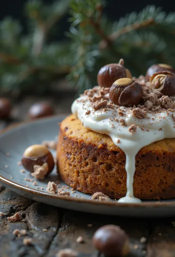 Зимна кестенова торта, украсена с тъмен шоколад и орехи