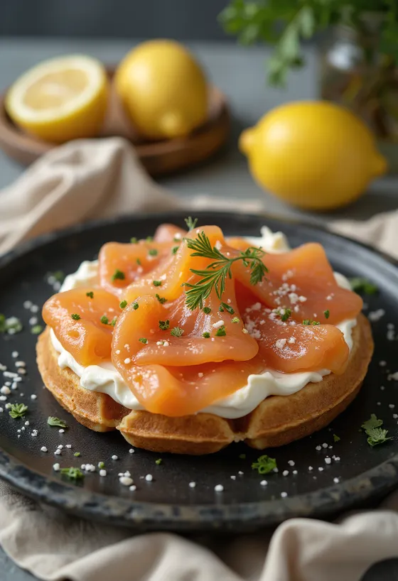 Скандинавски гофрети с гравлакс, крема сирене с копър и сьомга