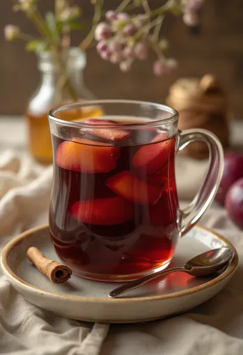 Горещ чай със сливи, сервиран в чаша
