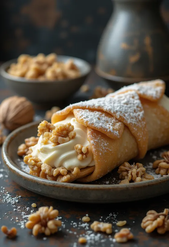 Каноли с ванилов крем и орехи десерт сервиран в чиния