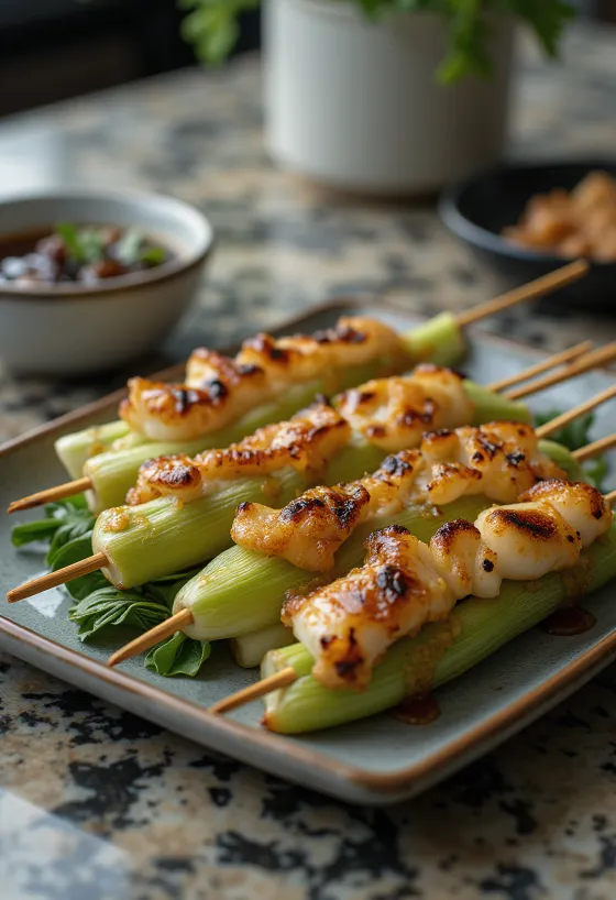 Ikada yakitori праз на шишчета, сервиран със сусам и пресен зелен лук