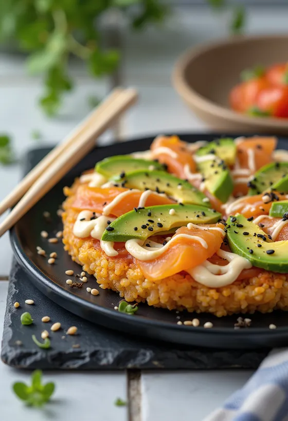 Sushi pizza с японска оризова основа, сьомга и авокадо