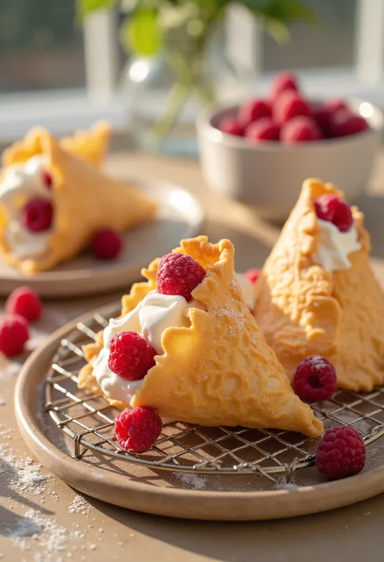 Krumkake с малини, поръсен с прясна пудра захар