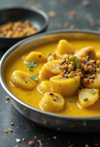 Vazhaithandu Kootu сервирано, с богати вкусове и пресен кориандър