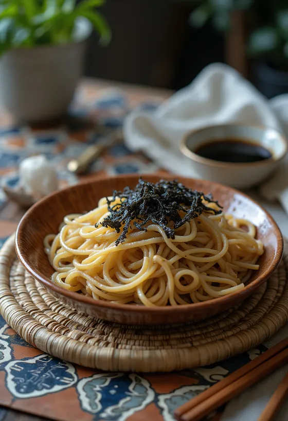 Зару соба сервирана със соев сос, уасаби и зелен лук