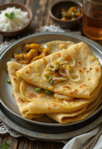 Onion dosa прясна, изпечена до хрупкавост, сервирана с плънка от лук