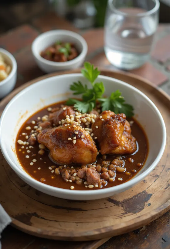 Mole estofado сервирано с пилешко месо, заквасена сметана и бадеми