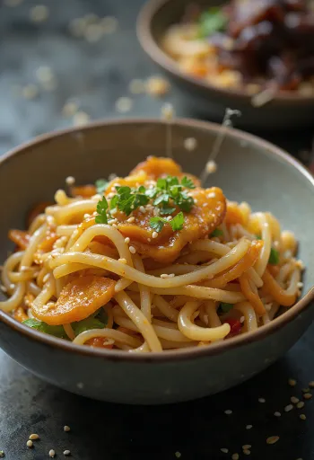 Japchae с чесън, сервирано с фиде от сладки картофи и зеленчуци