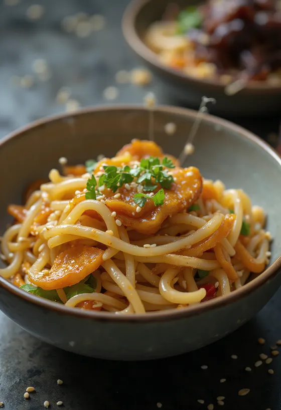 Japchae с чесън, сервирано с фиде от сладки картофи и зеленчуци