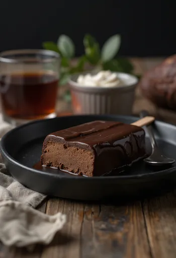 Домашен сладолед Magnum Double Chocolate с двойна шоколадова глазура, сервиран на рустикален фон